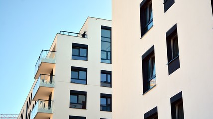 Architectural details of modern apartment building. Modern european residential apartment building complex.