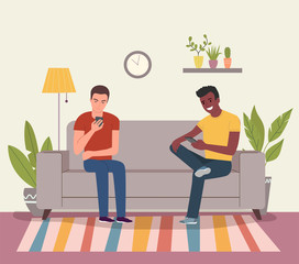 Young men are sitting on the sofa with smartphones. Vector flat cartoon style illustration
