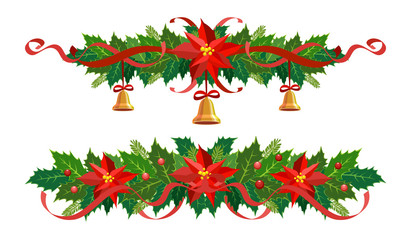 Christmas holly garland set. Vector border, decoration for holiday cards, invitations, banners. Holly leaves and berries, poinsettia isolated on a white background. Christmas star plant with ribbon.