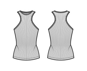 Ribbed cotton-jersey tank technical fashion illustration with racer-back straps, slim fit, crew neckline. Flat outwear top apparel template front, back, white color. Women, men unisex shirt knit CAD