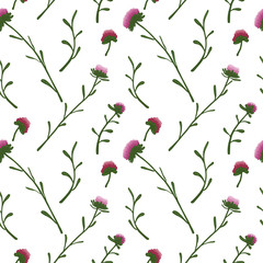 Seamless pattern with hand drawn colored flowers, twigs on a white background. Doodle, simple illustration. It can be used for decoration of textile, paper and other surfaces.