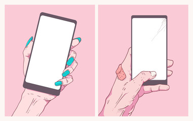 set of woman and man holding smartphone show blank screen, modern teenage manga illustration / symbol design template