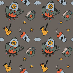 Pattern.Tea Cup and coffee Cup in space style. Cupcakes and croissants in space. Banner for cafes, restaurants, and menus. Cafe in outer space. Rocket carrier of coffee and tea. Corporate identity for