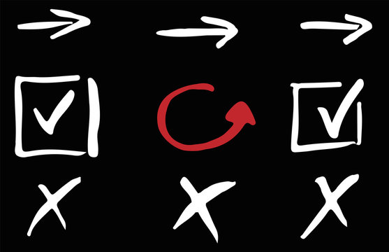 Doodle Check Marks And Underlines. X, V, Cross, Check Mark And Arrows. Vector Marker Check Handwritten Signs And Checkbox.