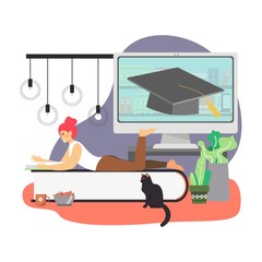 Girl student reading book at home, studying online, flat vector illustration. Distance learning, remote education.