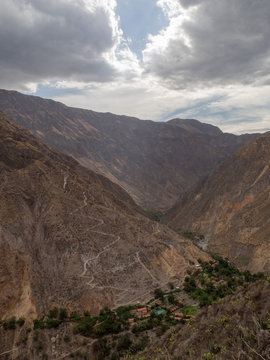 colca canyon, ca&ntilde;on del colca, treking hyke, view of remote village with hotels, in arequipa, peru