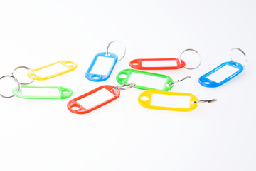 Blank colorful keychains with ring for key. Isolated on white