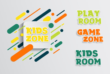 Kids zone entertainment banner. Colorful letters for children's playroom decoration. Sign for children's game room. Kids zone and party room area design.