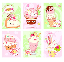 Set of cards with cute sweet desserts in kawaii style