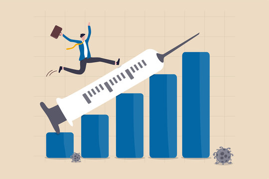 Financial and economic crisis recover from COVID-19 collapse with Coronavirus vaccine discovery concept, businessman investor happy running on syringe pointing up on growth profit financial bar graph.