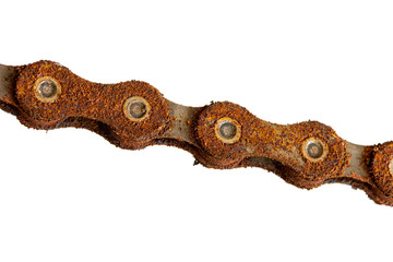 The rusty chain close up, isolated on white background. A rusty bicycle chain, macro view.
