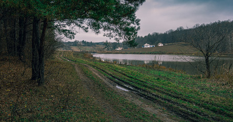 Fields, forests and roads in autumn