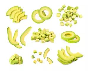 Foto op Plexiglas set of sliced peeled avocado on a white background © sveta