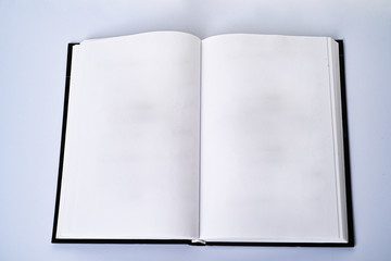 Open blank flat book spread with white paper page design template background