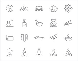 Set of yoga and spa icons line style. It contains such Icons as wellness, pose, beauty, peace, therapy and other elements.