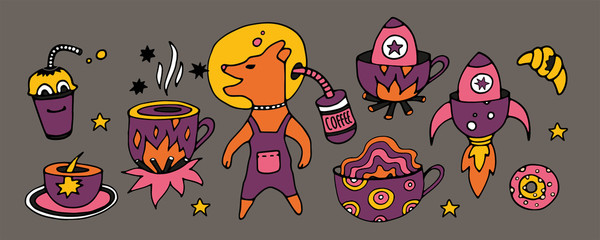 Set.Tea Cup and coffee Cup in space style. Cupcakes and croissants in space. Banner for cafes, restaurants, and menus. Cafe in outer space. Rocket carrier of coffee and tea. Corporate identity for the