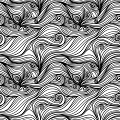 Seamless pattern with black linear twisted waves. Design for backdrops and colouring book with sea, rivers or water texture. Repeating texture.