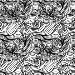 Seamless pattern with black linear twisted waves. Design for backdrops and colouring book with sea, rivers or water texture. Repeating texture.