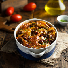 Traditional Italian lasagna or pasta casserole with meat