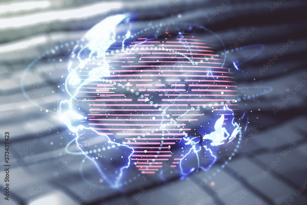 Poster Double exposure of abstract digital world map hologram with connections on shiny metal background, big data and blockchain concept