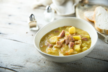 Traditional German pea soup with pork