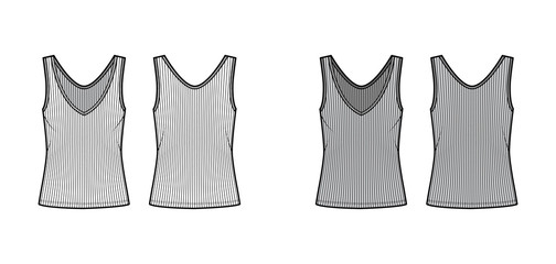 Ribbed open-knit tank technical fashion illustration with oversized body, deep V-neckline, elongated hem. Flat outwear top apparel template front, back, white grey color. Women, men unisex shirt CAD