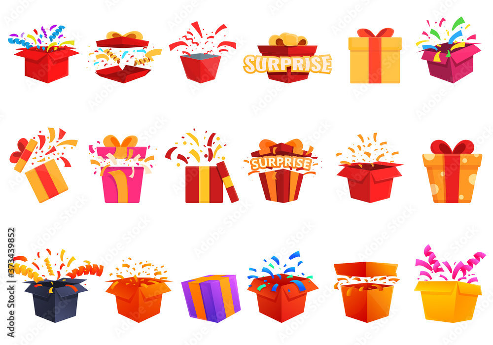 Poster surprise icons set. cartoon set of surprise vector icons for web design