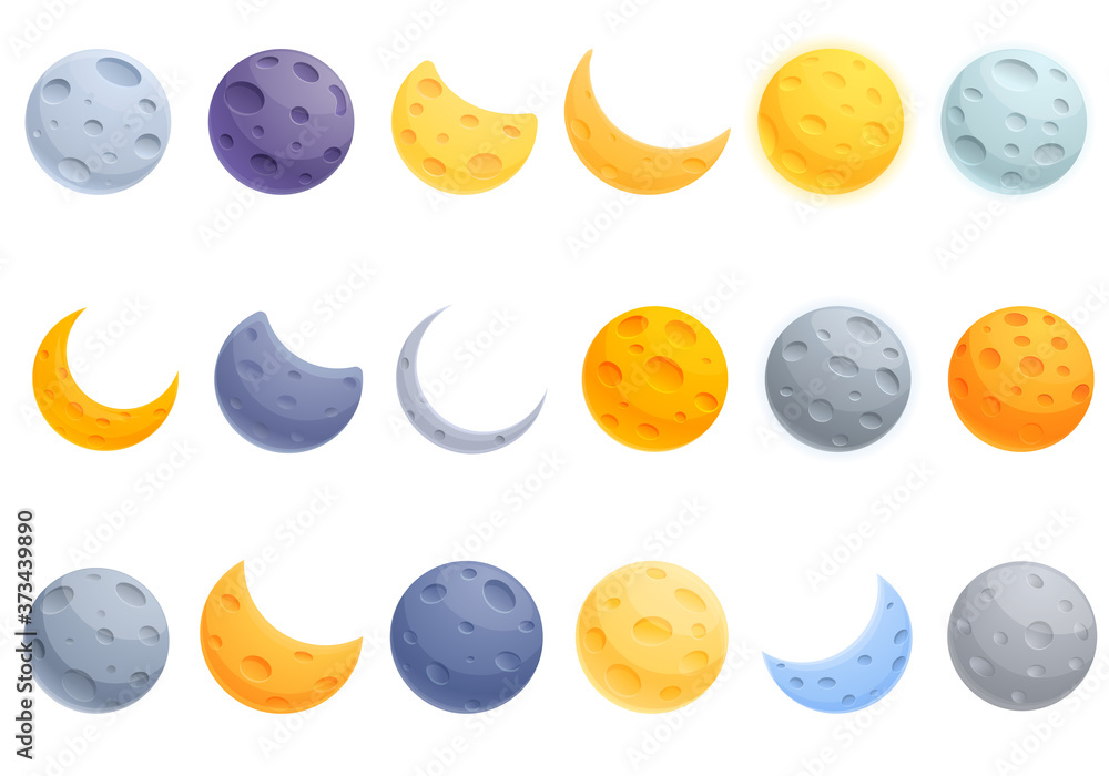 Poster moon icons set. cartoon set of moon vector icons for web design