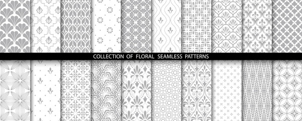 Geometric floral set of seamless patterns. Gray and white vector backgrounds. Simple illustrations.