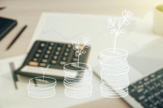 Virtual money savings sketch on calculator and pc background, accumulation and growth of money concept. Double exposure