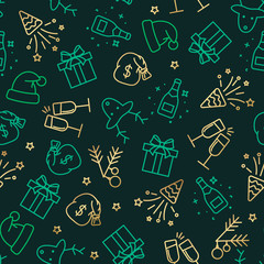 Blue and gold Christmas seamless pattern with Christmas symbols icons. Holiday background in vector for printing or creating a design.