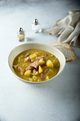 Traditional German pea soup with pork