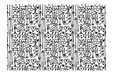 Obraz premium Horizontal seamless pattern of lines, dots, hearts, people silhouettes, arrows, message clouds and various geometric shapes. Figure for textiles.