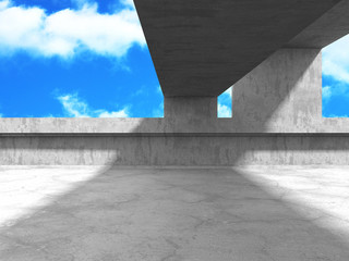 Concrete room wall construction on cloudy sky background