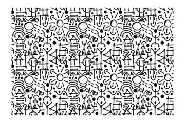 Horizontal seamless pattern of lines, dots, arcs, people silhouettes and various geometric shapes. Figure for textiles.