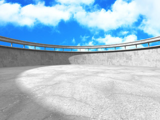 Concrete room wall construction on cloudy sky background