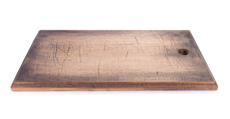 cutting wooden board on white background