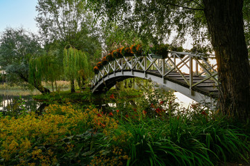 wooden bridge over water in beautiful park