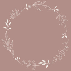 Fototapeta na wymiar Floral Wreath branch in hand drawn style. Floral round brown and pink frame of twigs, leaves and flowers. Frames for the Valentine's day, wedding decor, logo and identity template.