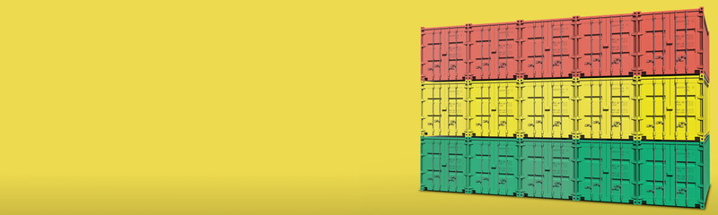 Cargo containers compose the flag of Bolivia on yellow background, 3D rendering