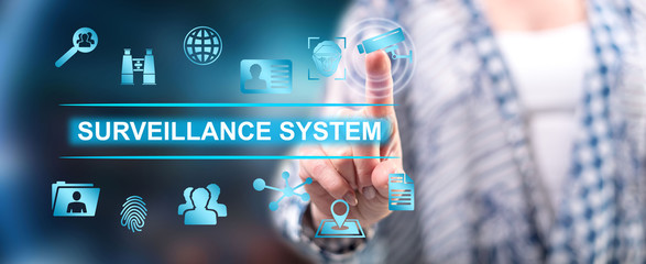 Woman touching a surveillance system concept