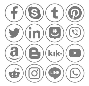 Kiev, Ukraine - November 02, 2019: Collection of popular round gray social media icons with rim