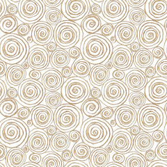 Abstract seamless pattern with 3d golden glittering acrylic paint round spiral circles on white background