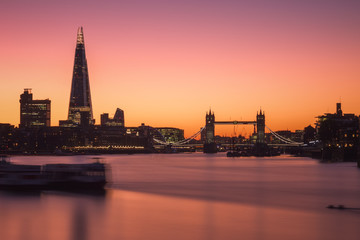 Long Exposure, illuminated London city skyline with Tower bridge