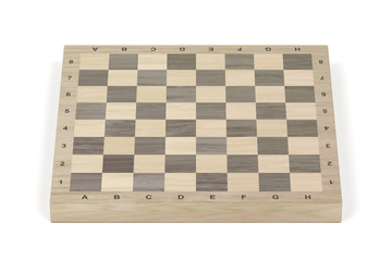 Wooden chess board on white background, front view