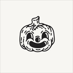 halloween carved pumpkin head with cute cartoon face. outline vector illustration, simple engraving vintage style. retro artwork for graphic design projects, posters logos and patterns. fall harvest
