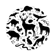 Vector forest animals collection in circle frame. Flat animals silhouettes in black color.  Black silhouettes animals isolated on white