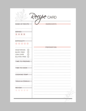 Recipe card printable template Vector. Meal planning and groceries list. Easily plan out of your weekly meals for breakfast, lunch, dinner and snacks.