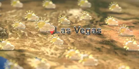 Foto auf Alu-Dibond Partly cloudy weather icons near Las Vegas city on the map, weather forecast related 3D rendering © Alexey Novikov