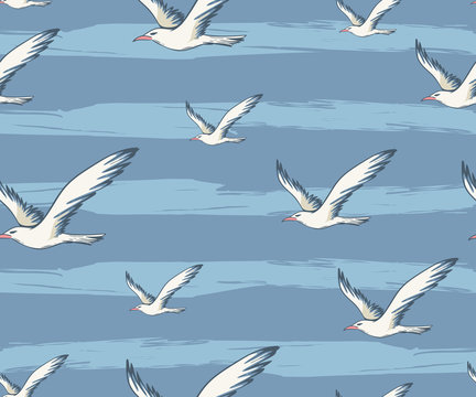Seamless pattern with seagulls. Pattern with horizontal stripes and seagulls